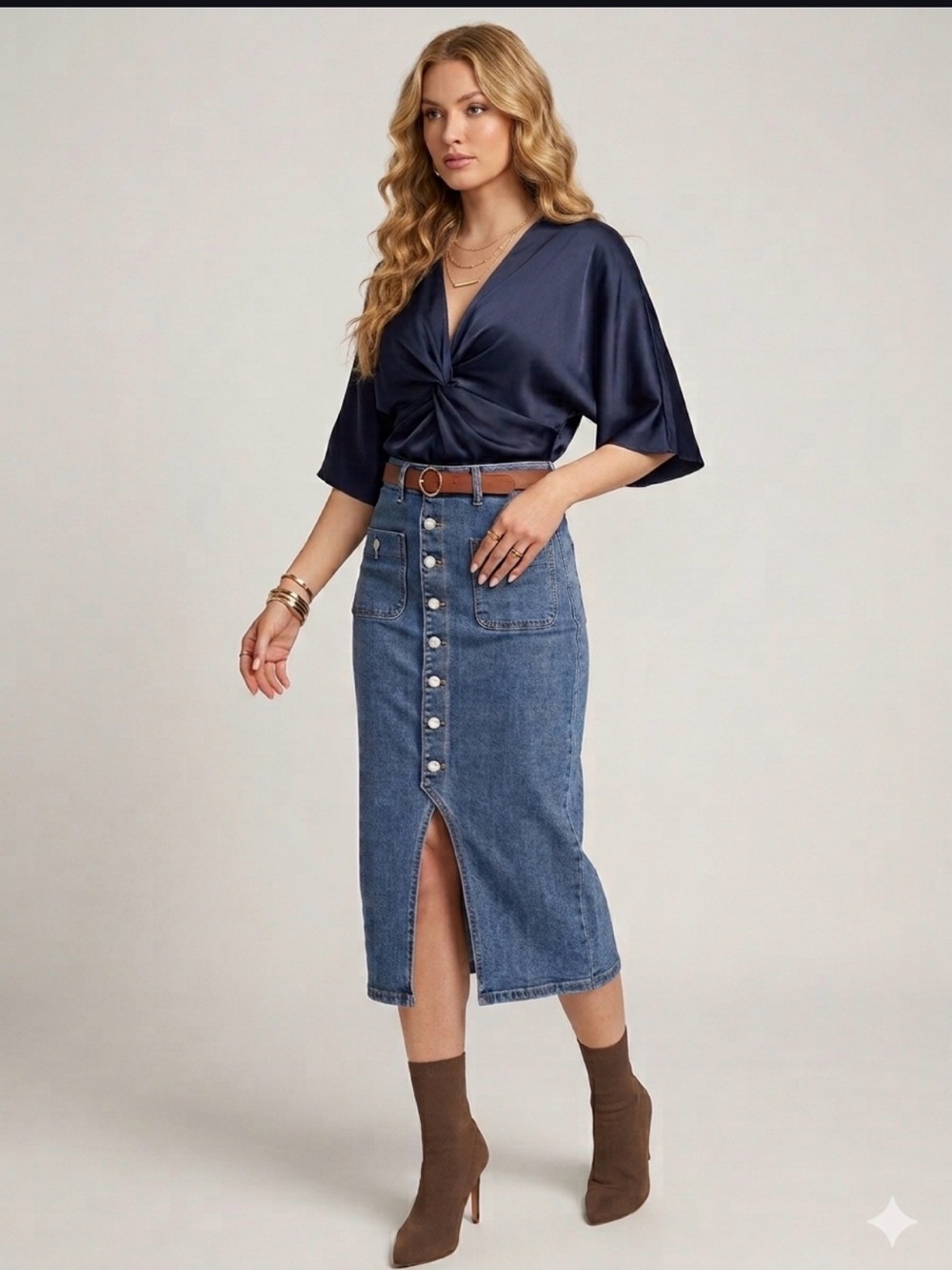 Pleione Navy Twist-Front V-Neck Blouse